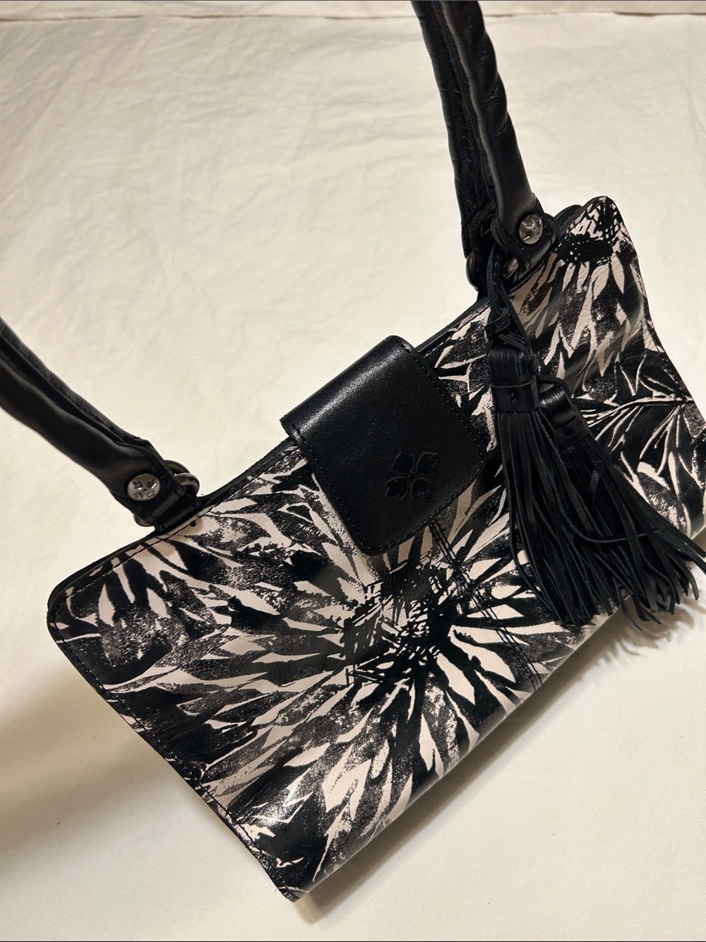 Patricia Nash Black & White Floral Shoulder Bag with Tassel